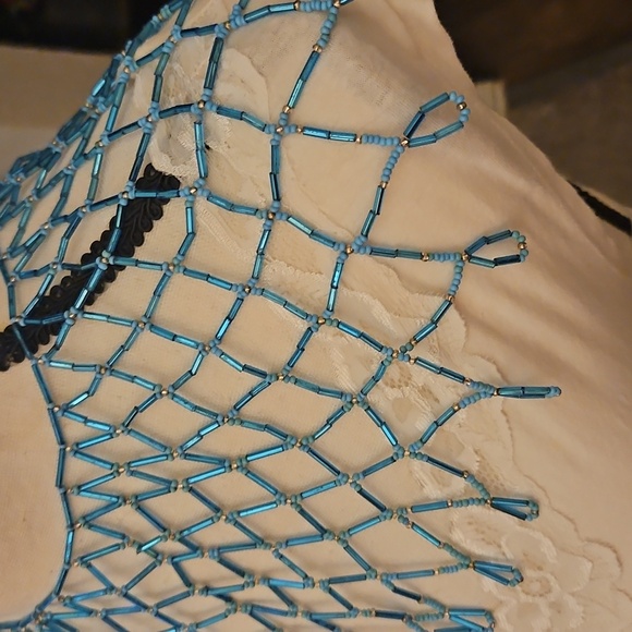 HANDMADE Turquoise Blue Beaded Net Lace Collar Necklace - Picture 5 of 11